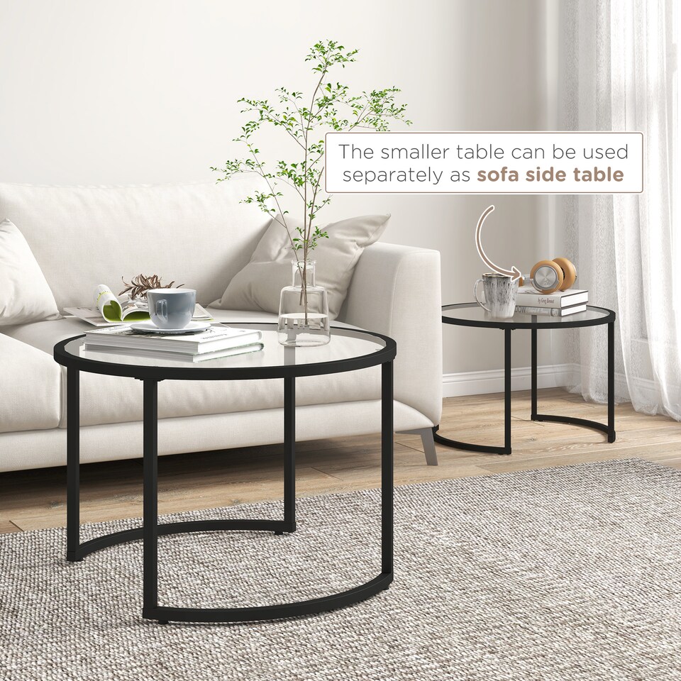 image 1 of HOMCOM Coffee Table Set of 2, Modern Nest of Tables with Tempered Glass Top, Steel Frame for Living Room, Black | Black