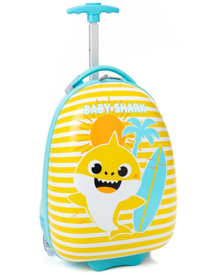 image 1 of Baby Shark Kids Suitcase | Yellow and Blue Small Cabin Bag For Boys and Girls | Carry On Trolley with Extendable Handle | Singing Shark Hard Cover Holiday Case | Fun Travel Merchandise Gift for Children
