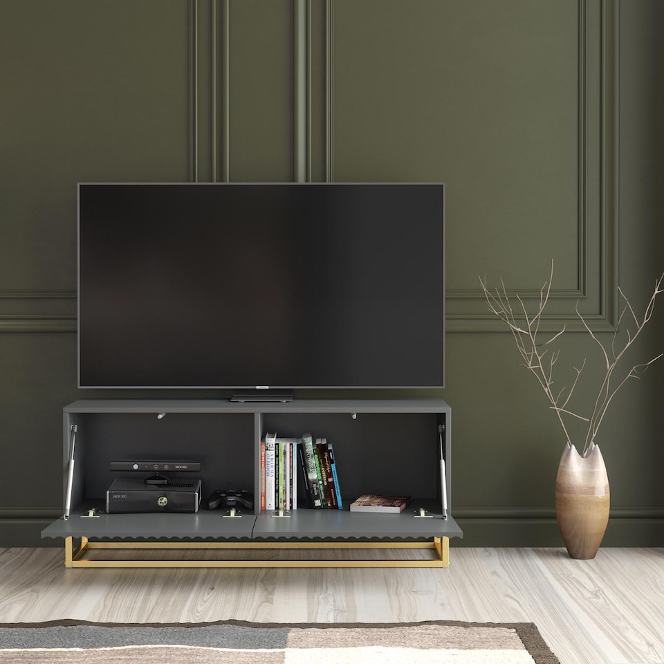 image 1 of TV Unit Stand Cabinet Sideboard Media Cabinet Storage Unit Grey Fluted Gold Base 100cm