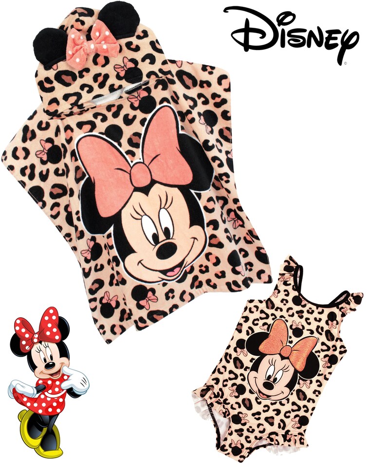 image 1 of Disney Minnie Mouse Girl's Swimsuit & One Size Hooded Towel Poncho Set | Kids Swimming Costume | Children's Bath Towel with 3D Ears Gift Pink