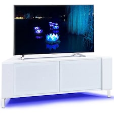 MDA Designs CORVUS Corner-Friendly Gloss White Contemporary Cabinet with White BeamThru Glass Doors for Flat Screen TVs up to 50" with 16 Colour LED Lights White