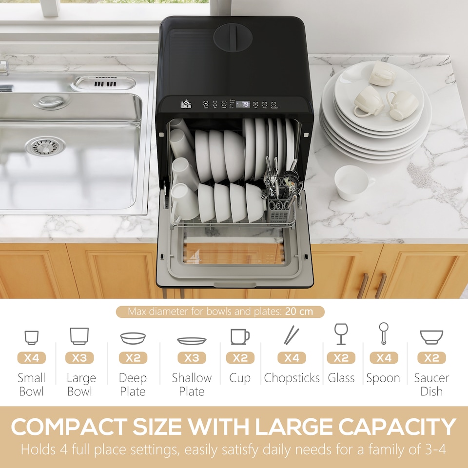 image 1 of HOMCOM Tabletop Dishwasher, Mini Countertop Dishwasher with Built-in 6L Water Tank, 6 Programs, Touch Control, LED Display, 4 Place Settings, Dual Water Supply and Air Drying Function, Black