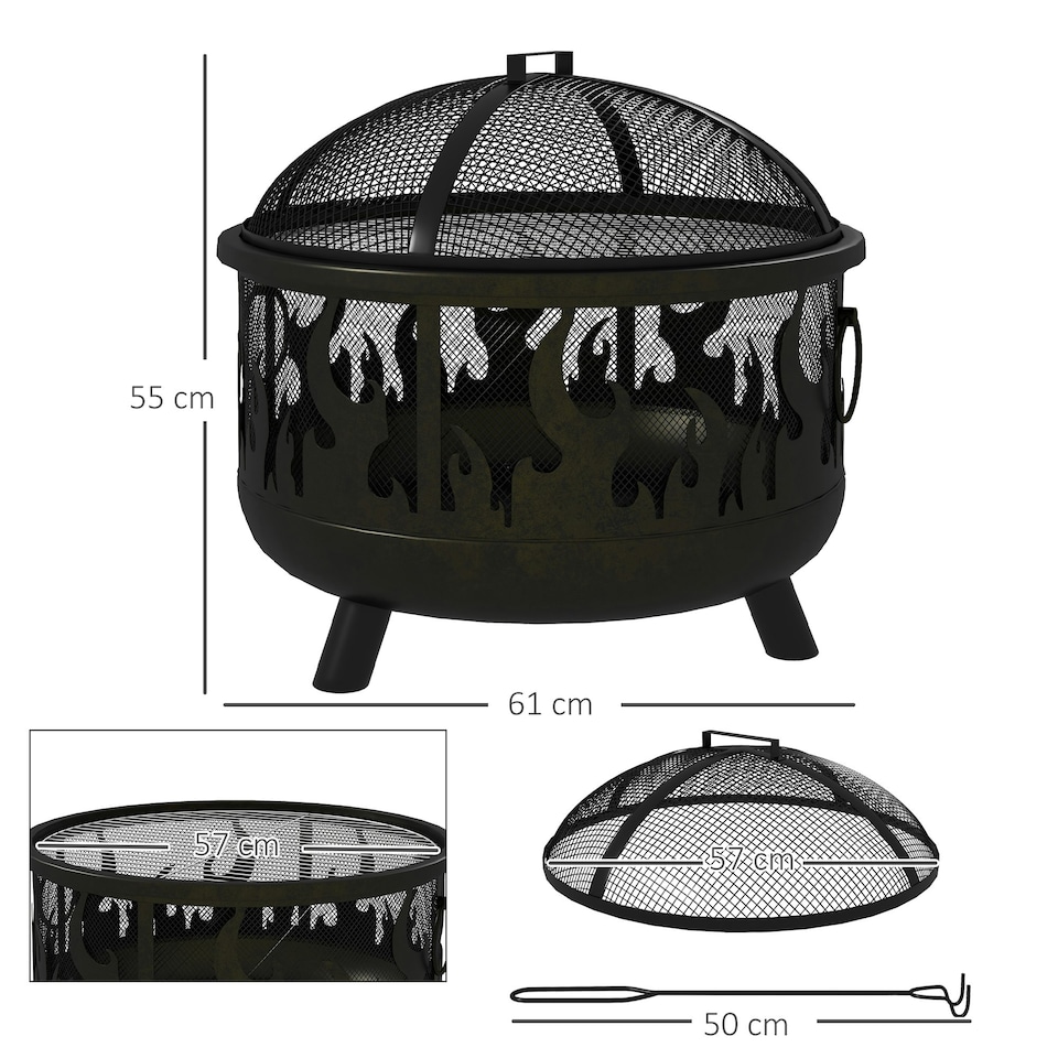 image 1 of Outsunny Metal Firepit Bowl Outdoor 2-In-1 Round Fire Pit with Lid, Grill, Poker, Handles for Garden, Camping, BBQ, Bonfire, Wood Burning Stove, 61.5 x 61.5 x 52cm, Black