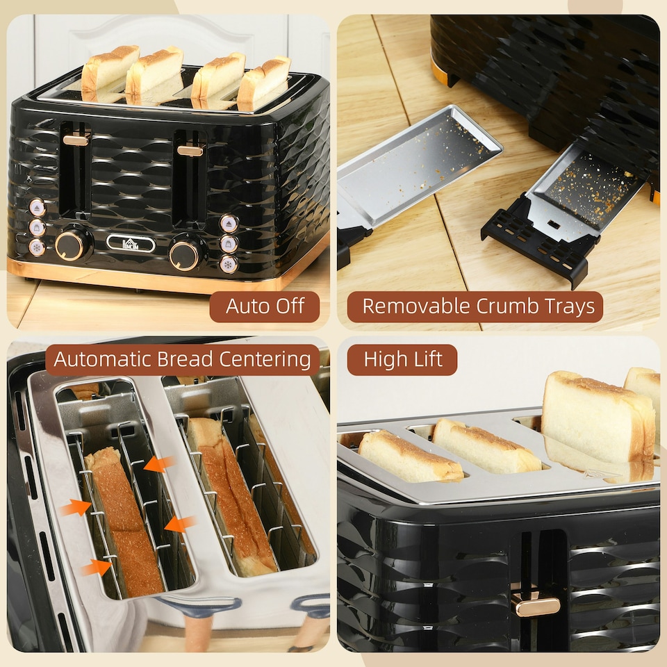 image 1 of HOMCOM Toaster with 4 Slot, 7 Browning Levels, 1600W, Black Ripple Black | Rose gold accents | 29.2 x 27.5 x 18.9 cm