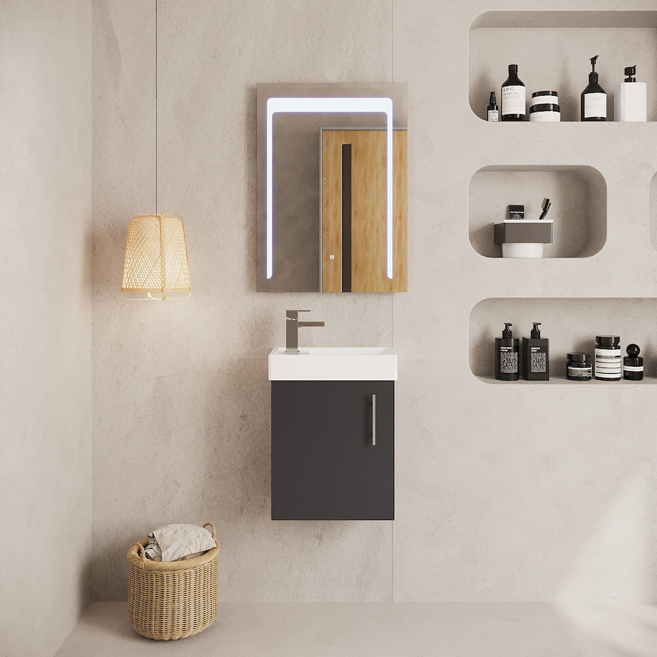 image 1 of Cloakroom Wall Hung 1 Door Vanity Unit with Basin Gloss Grey 400mm | Grey | Gloss Grey | 222 x 405 x 520mm | 1