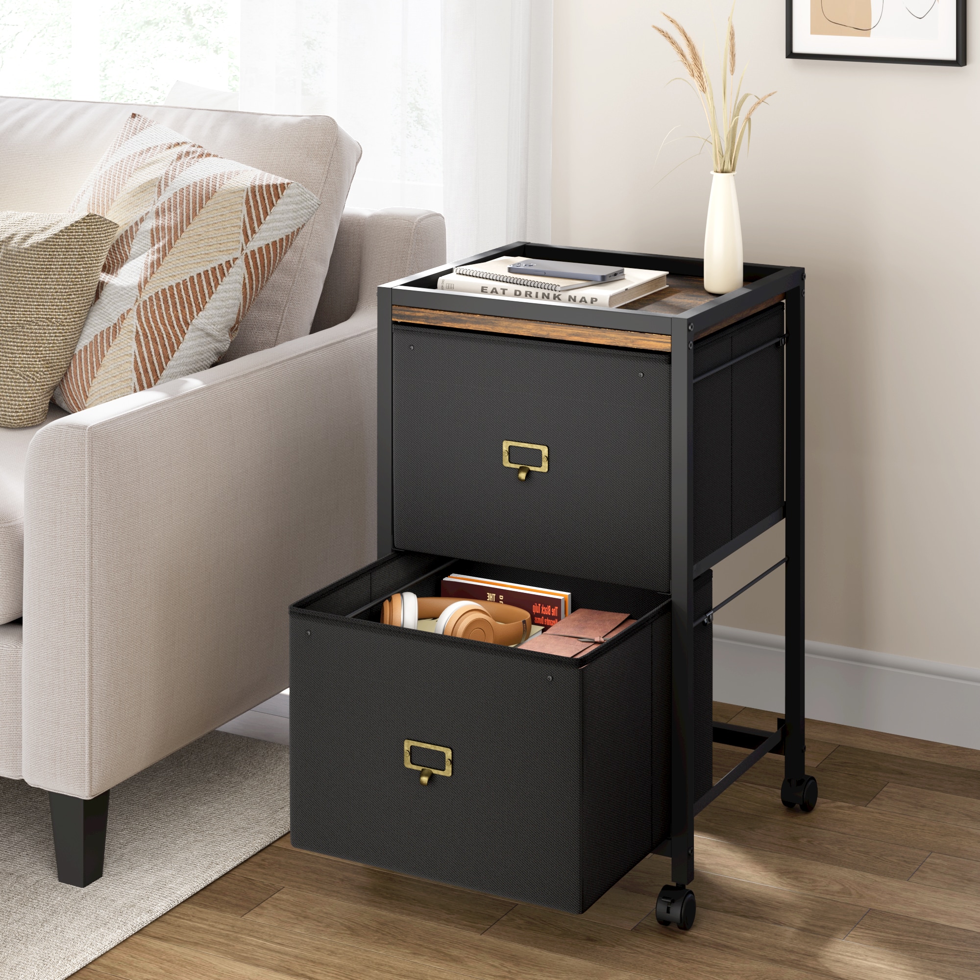 London Boutique 2-Drawer Mobile Filing Cabinet with Wheels Under Desk Storage (H)67cm - Black