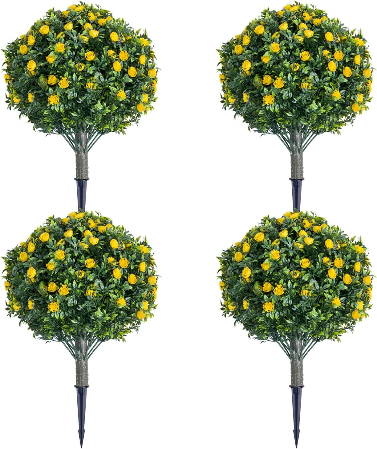 London Boutique Set of 4 UV-Resistant Artificial Topiary Trees with Yellow Camellia Flowers â 60cm Realistic PE Leaf Faux Plants, Weatherproof, Meta