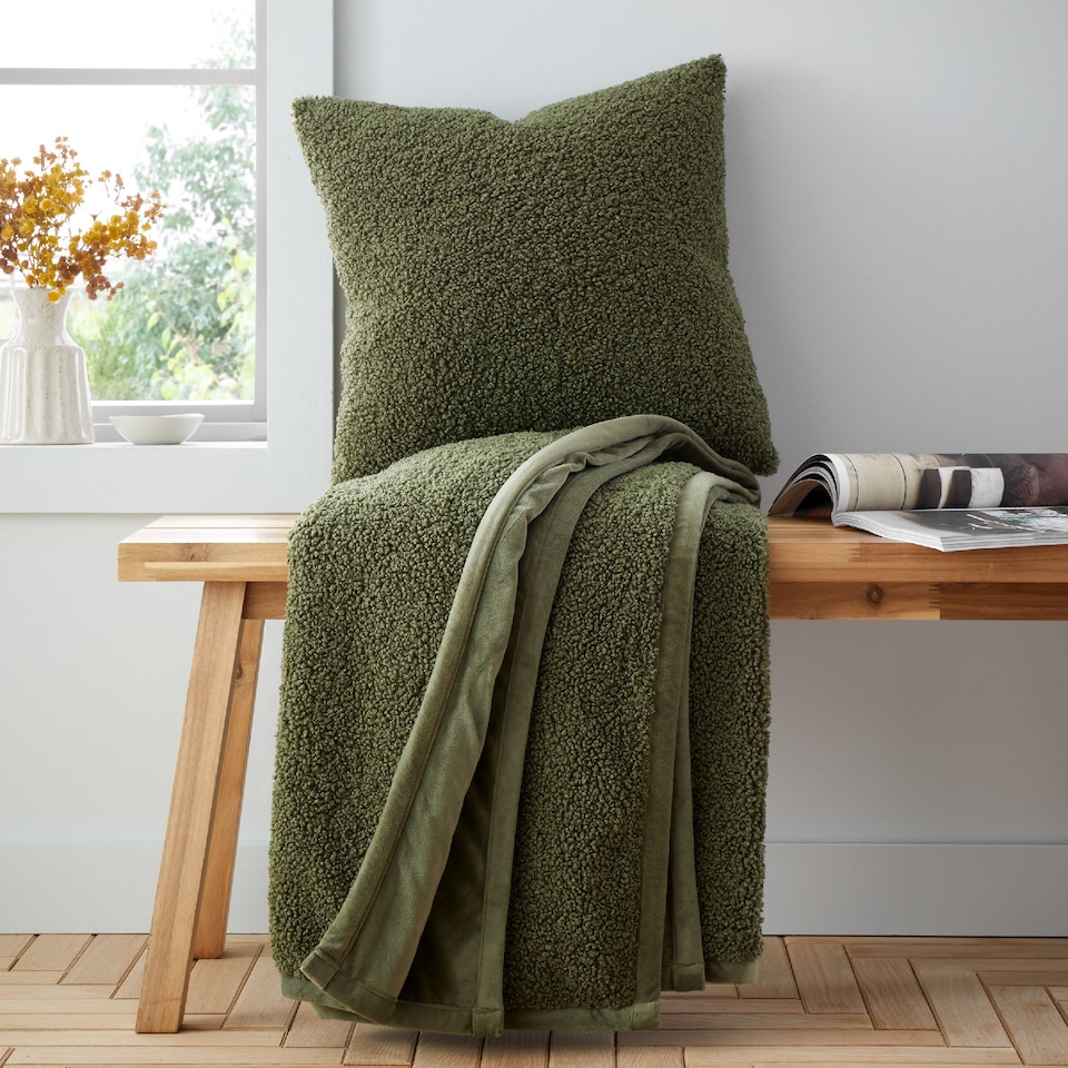 image 1 of Catherine Lansfield So Soft Velvet Boucle Blanket Throw | Green | Olive Green