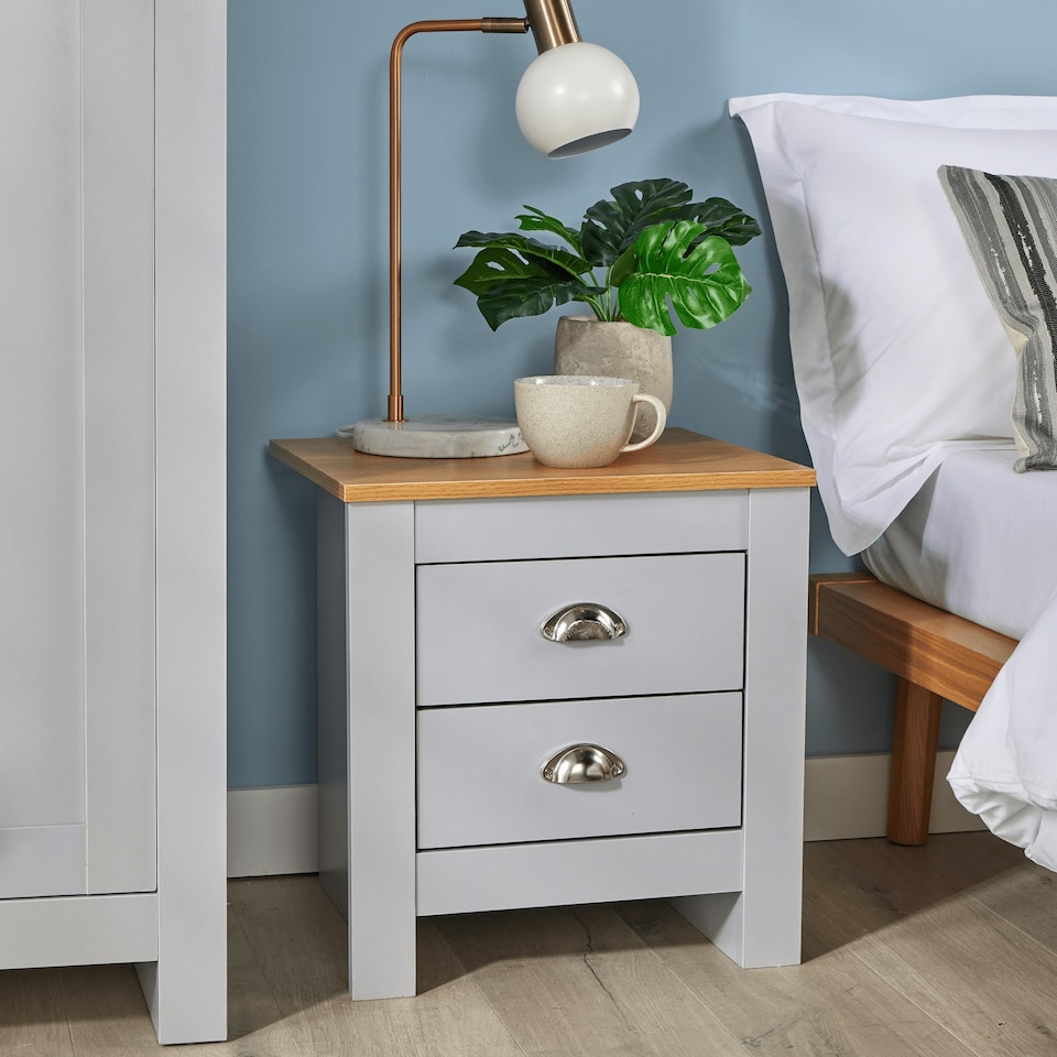 image 1 of Bedside 2 Drawer Bedroom Furniture Grey Oak Top Metal Handles Wooden Nightstand