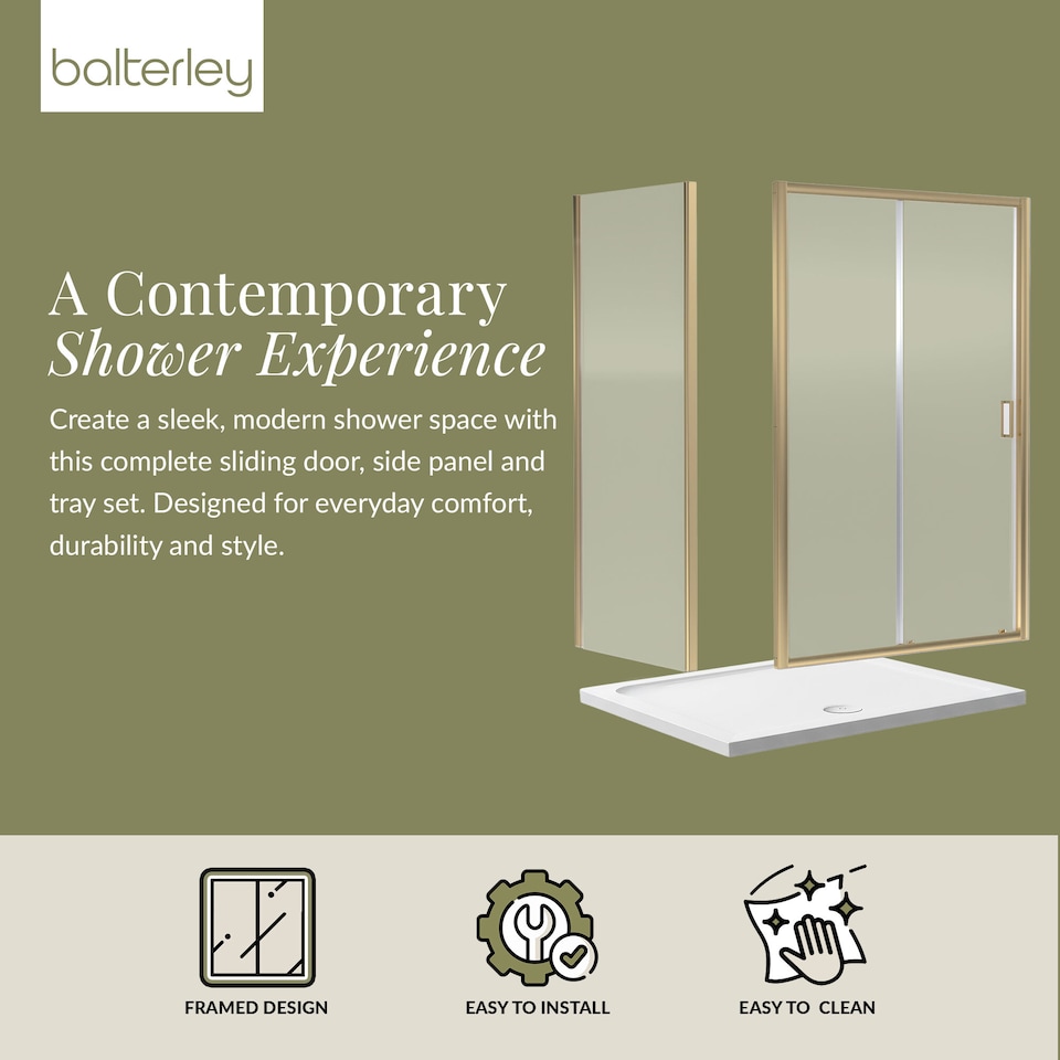 image 1 of 1400x900mm Sliding Shower Suite with Safety Glass Door, Side Panel & Tray, Brushed Brass | Copper | Brushed Brass | 3