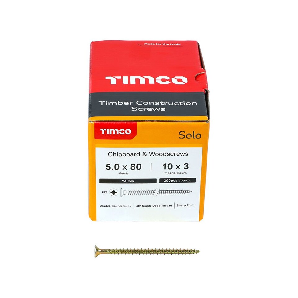 image 1 of Timco - Solo Chipboard & Woodscrews - PZ - Double Countersunk - Yellow (Size 5.0 x 80 - 200 Pieces)