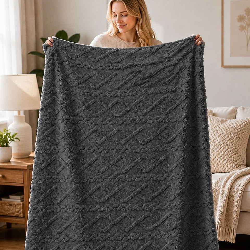 image 1 of Soft Cable Throw Blanket – Cosy Textured Home Decorative Warm Blanket 150 x 200cm