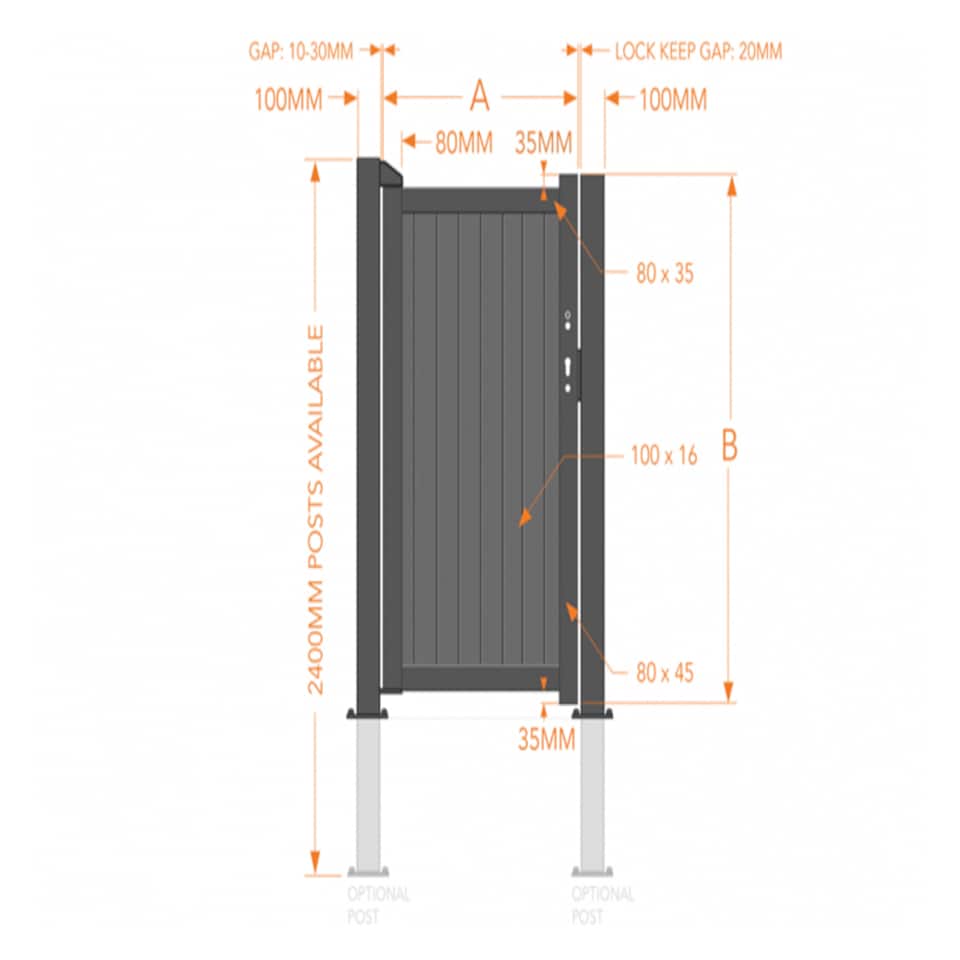image 1 of Pedestrian Gate 1000x1600mm Grey - Vertical Solid Infill and Flat Top | Grey | 1