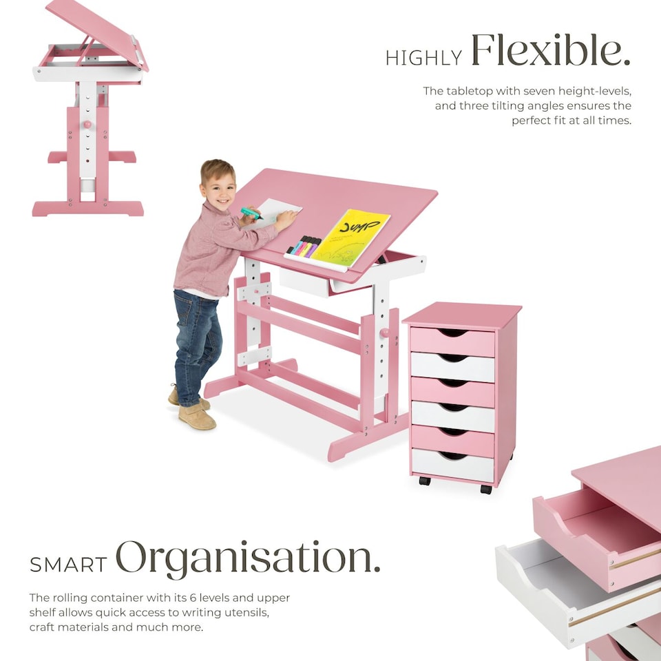 image 1 of Kids Study Desk And Filing Cabinet Set Childrens Play Room Furniture MDF In 2 Colours 7 Step Adjustable Height | Pink | rose | 109 x 55 x 94 cm | 1
