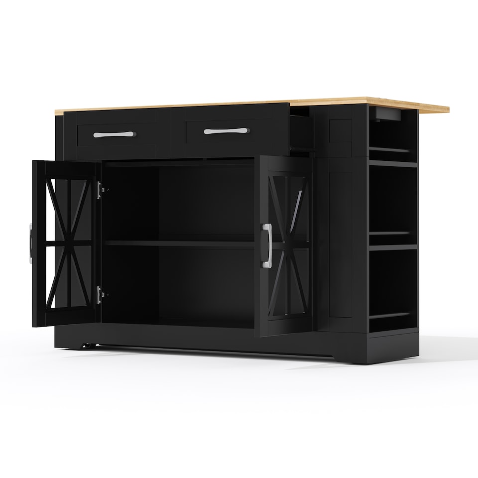 image 1 of VILUXE Mobile Kitchen Island with Foldable Worktop, 2 AC Sockets, 2 USB Ports, Glass Doors, Adjustable Shelves and Lockable Wheels, Black and Natural