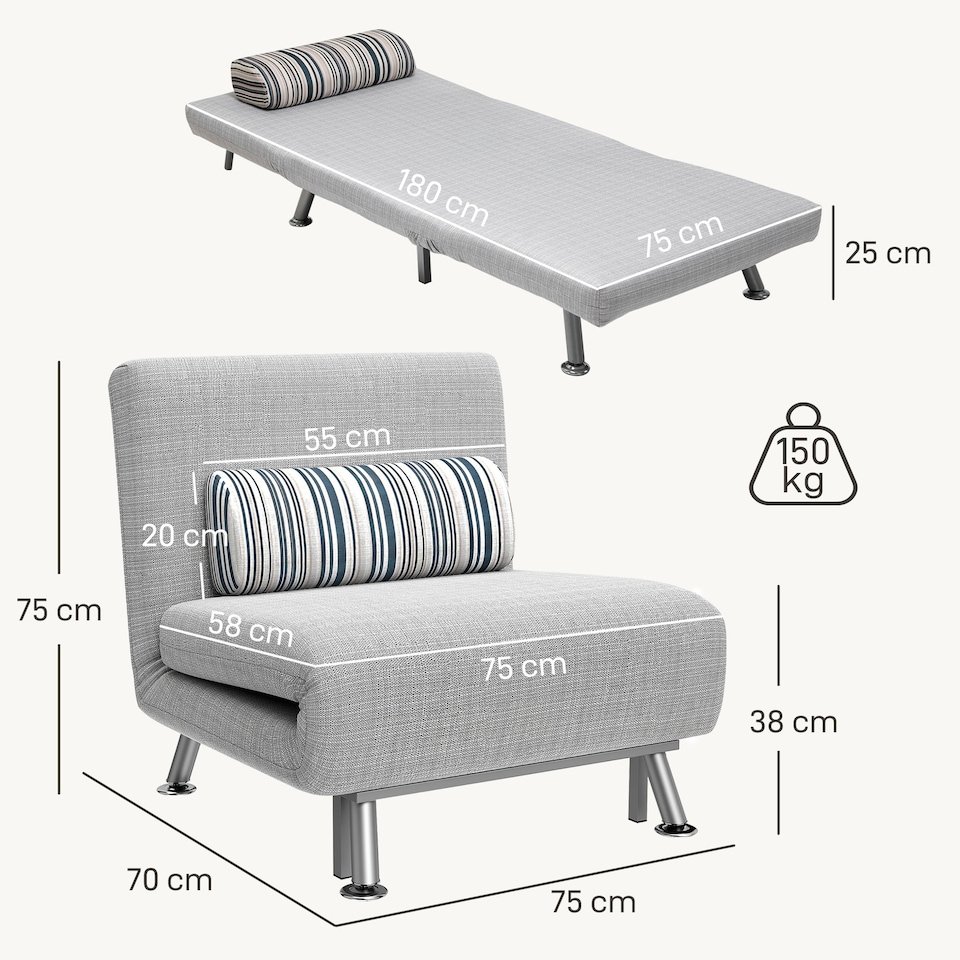 image 1 of HOMCOM Convertible Chair Bed, 3-in-1 Linen Sleeper Chair with Adjustable Backrest, Pillow, for Living Room, Bedroom, Light Grey