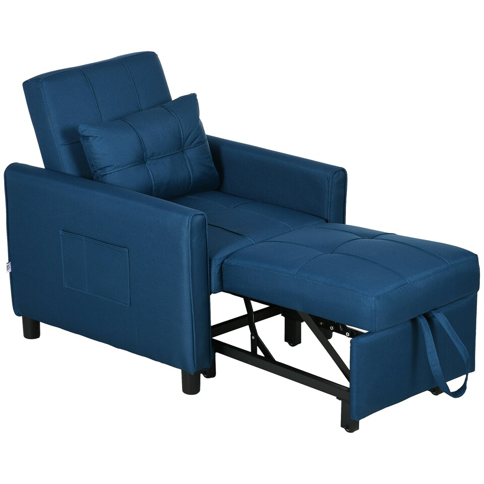 image 1 of HOMCOM Pull Out Sleeper Chair Bed w/ Pillow, Side Pockets, Blue