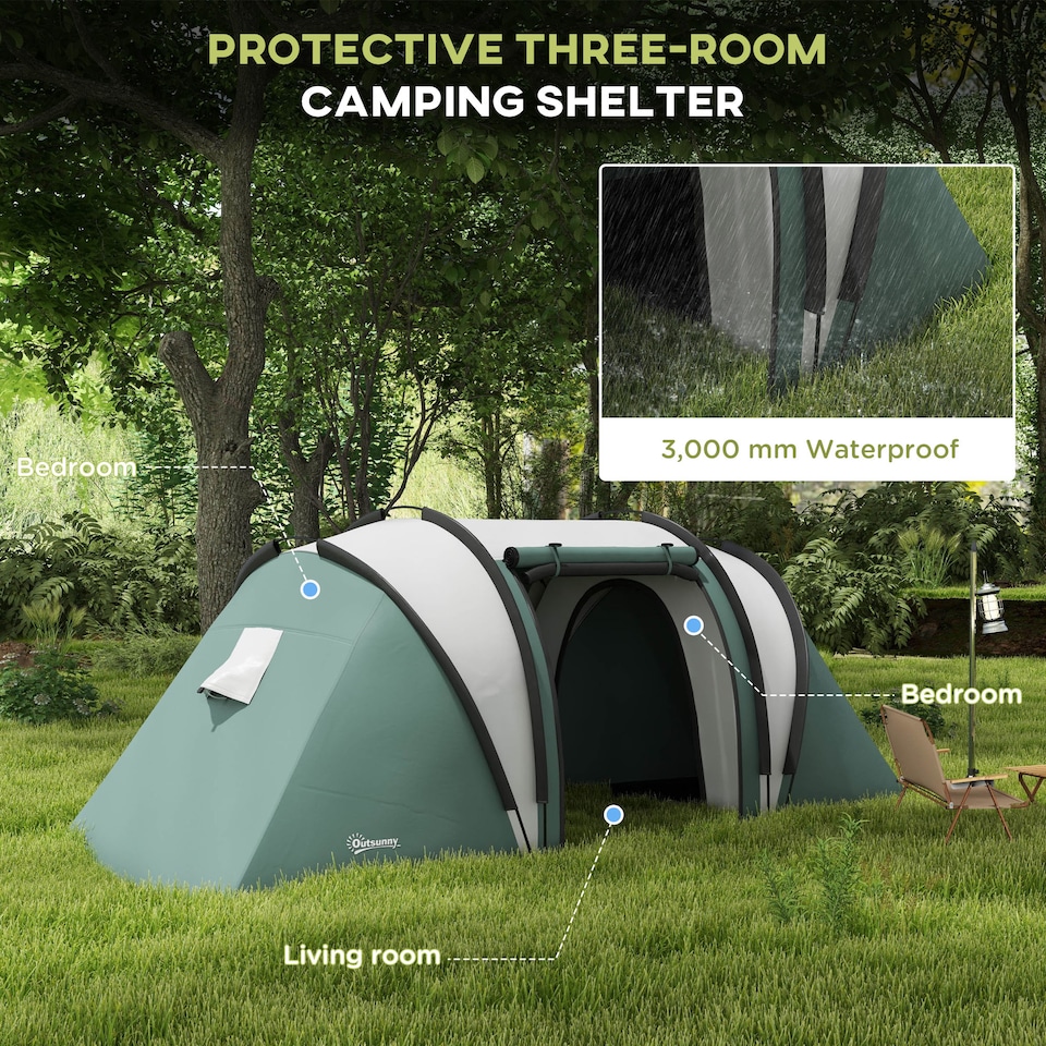 image 1 of Outsunny 2 Bedroom Camping Tent with Living Area, 3000mm Waterproof, Green