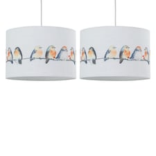 First Choice Lighting Set of 2 Branch Bird Print Linen Easy Fit 30cm Pendant Shades Multi