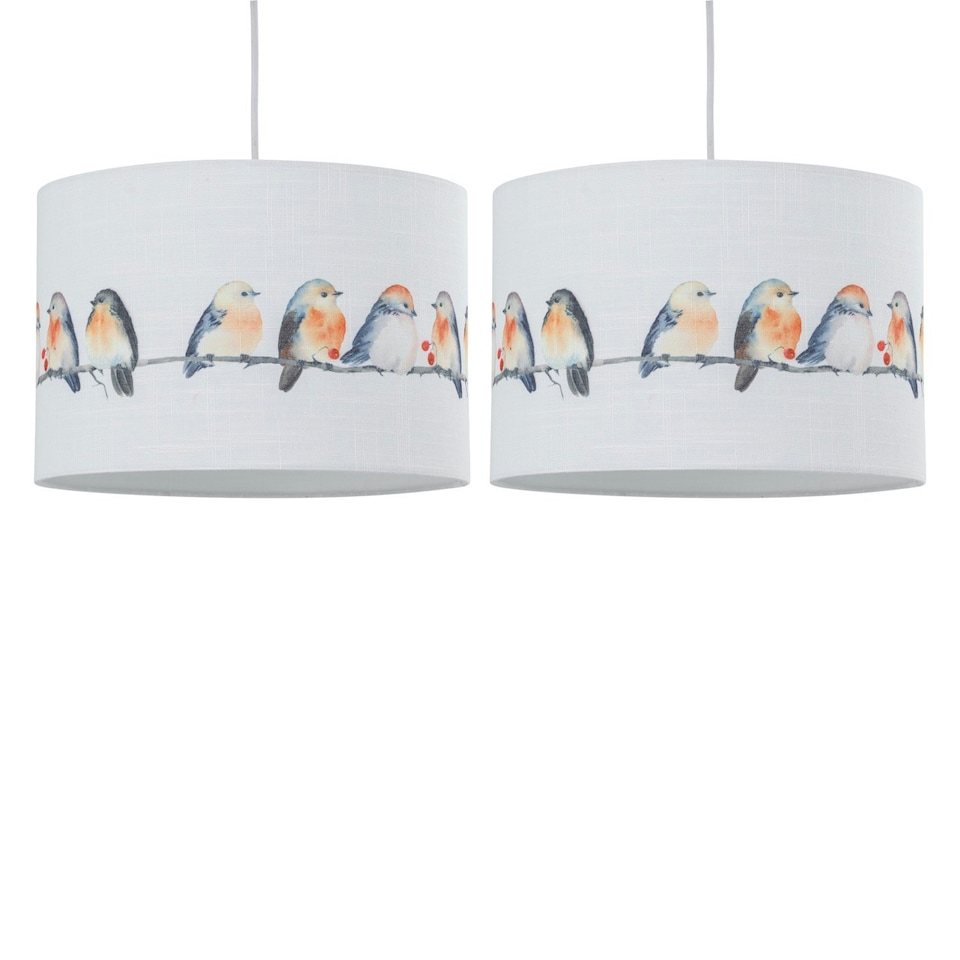 image 1 of First Choice Lighting Set of 2 Branch Bird Print Linen Easy Fit 30cm Pendant Shades Multi