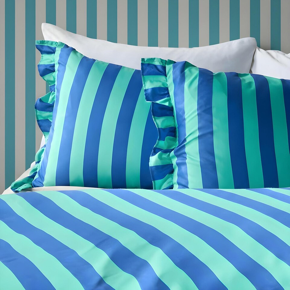 image 1 of OHS Frill Duvet Cover Bedding Set Pillowcase Stripe Quilt Luxury | Blue | Blue/Green | Single