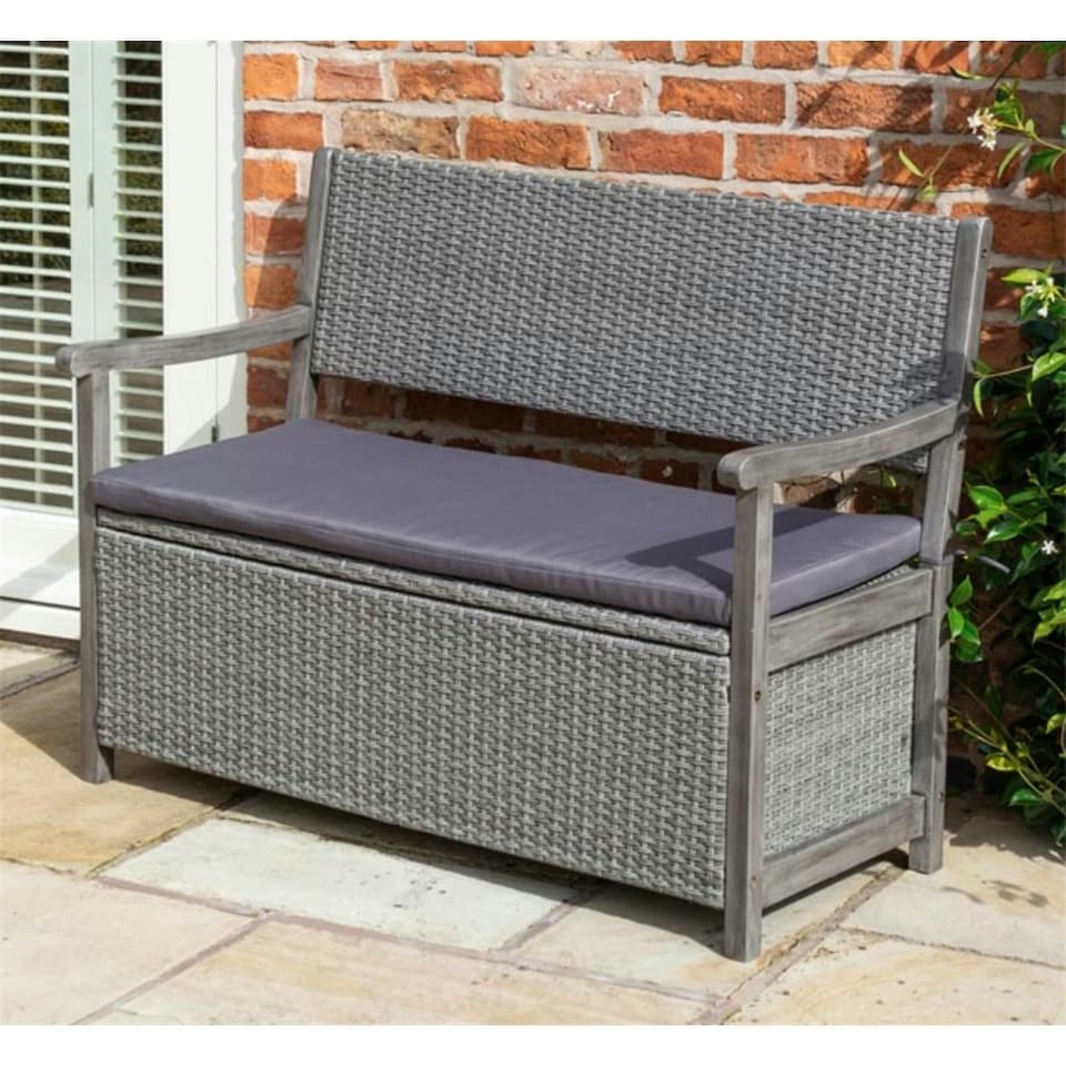 image 1 of 2 Seater Hardwood Timber Framed Rattan Weave Garden Bench - Grey (4ft x 2ft)