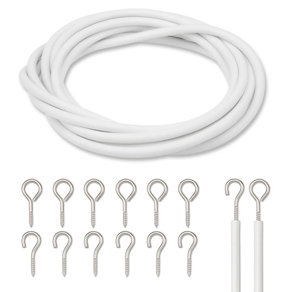 image 1 of White Net Curtain Wire & Hook Set, 2m Curtain Cord with 6 Hooks & 6 Eyes