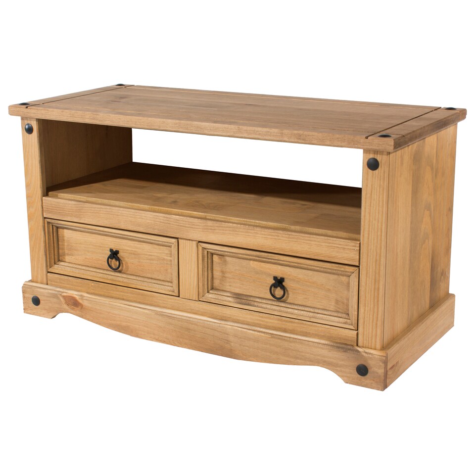 image 1 of Corona Flat Screen TV Unit - Antique Waxed Pine Media Cabinet with Drawers, Shelf, and Traditional Mexican Design | Brown | Brown | 1