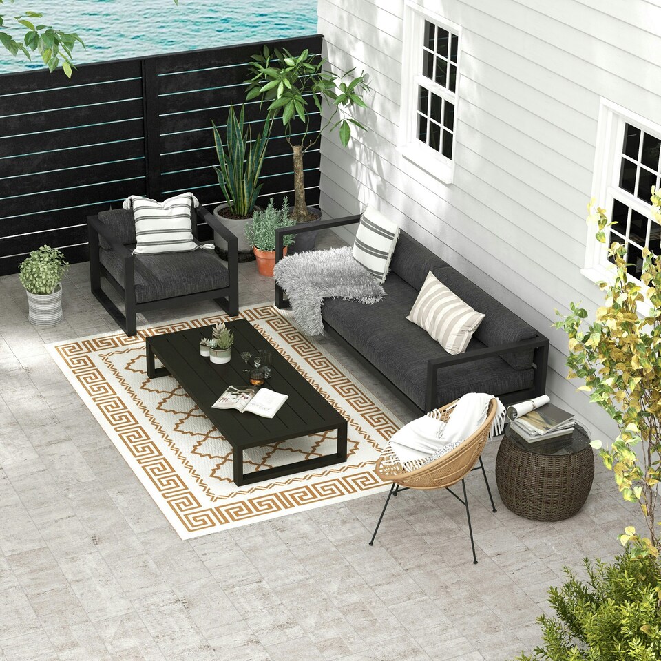 image 1 of Outsunny Reversible Waterproof Outdoor Rug W Carry Bag, 182 x 274cm, Brown | Grey | Black and Grey | 182 x 274 x 0.3cm