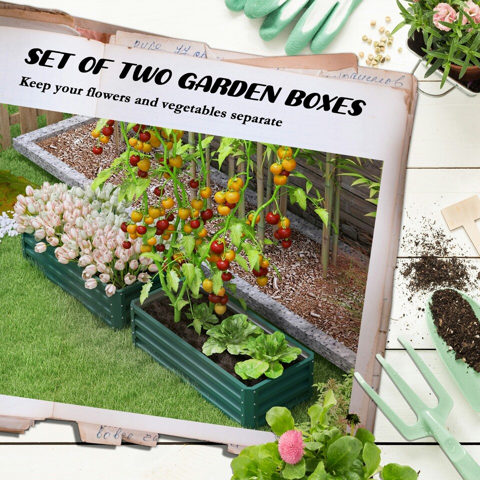 image 1 of Outsunny Set of 2 Raised Garden Bed Galvanised Planter Box, Green