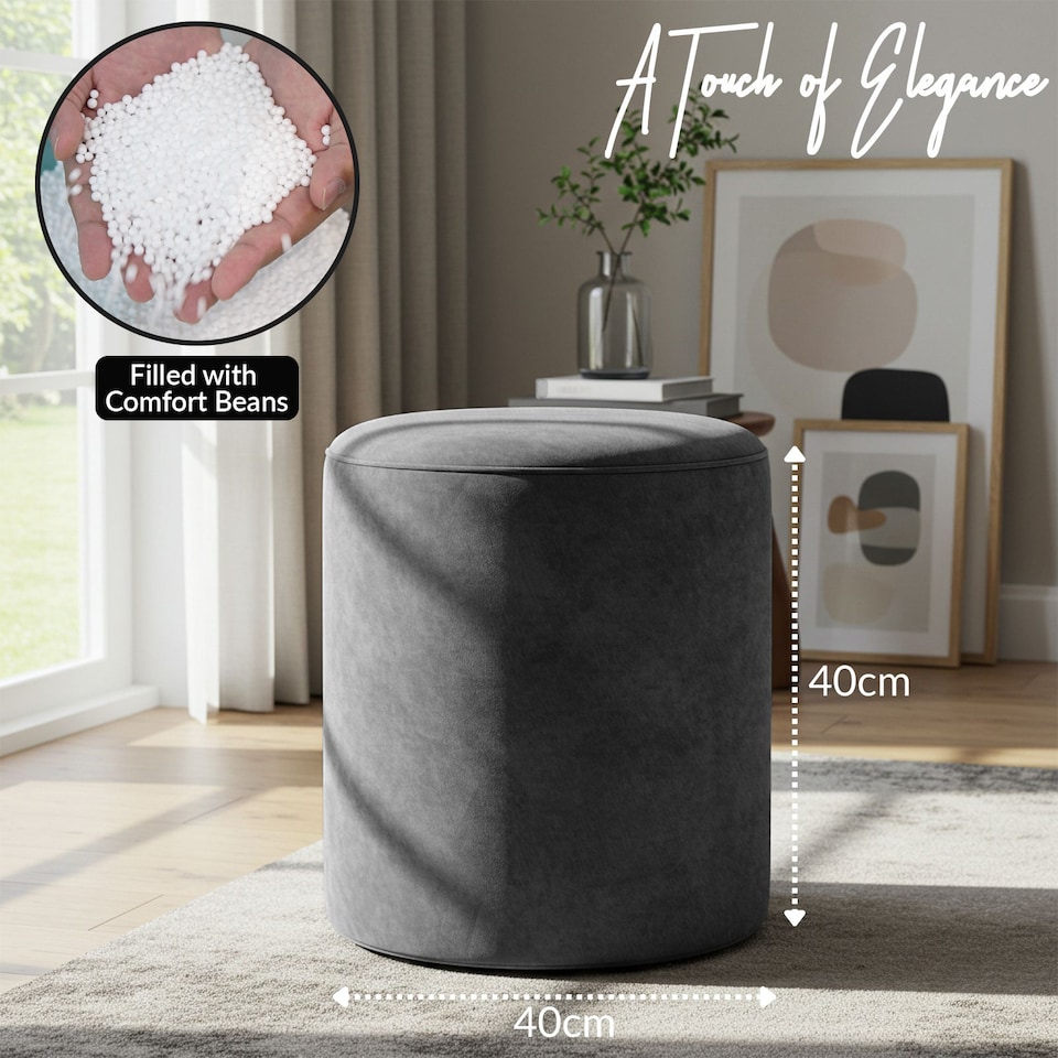 image 1 of Round Shape Velvet Bean Bag Pouffe Foot Rest - 40cm Grey