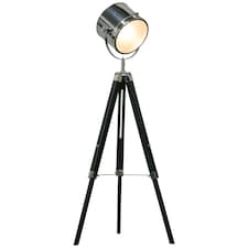 HOMCOM Industrial Style Adjustable Tripod Floor Lamp, Searchlight Lamp with Wooden Legs and Steel Lampshade, 110155cm, Black