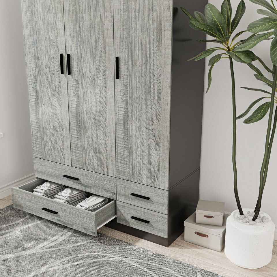 image 1 of 3 Door 4 Drawer Wardrobe With Hanging Rail And Storage Shelf | Black | Black Carcass & Ash Grey Door | 1