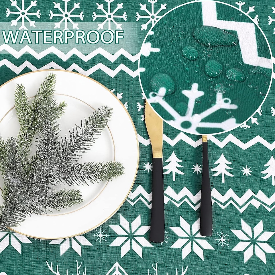 image 1 of London Boutique Christmas Tablecloth, Water‑Resistant, Boho Snowflake and Reindeer Print, Green, 52 x 52 in