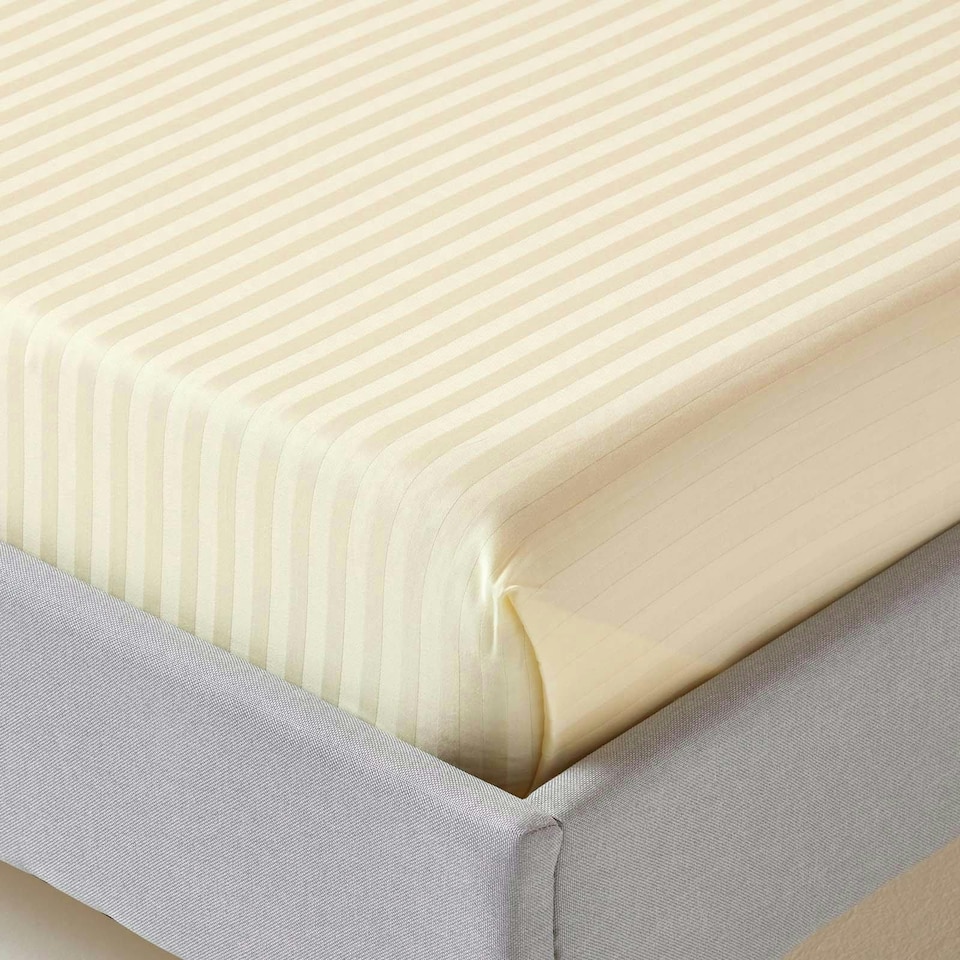 image 1 of Homescapes Pastel Yellow Egyptian Cotton Satin Stripe Flat Sheet 330 TC, King | Yellow | King