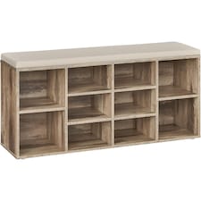 Cushioned Shoe Storage Bench with Adjustable Shelves and 10 Compartments, Camel Brown