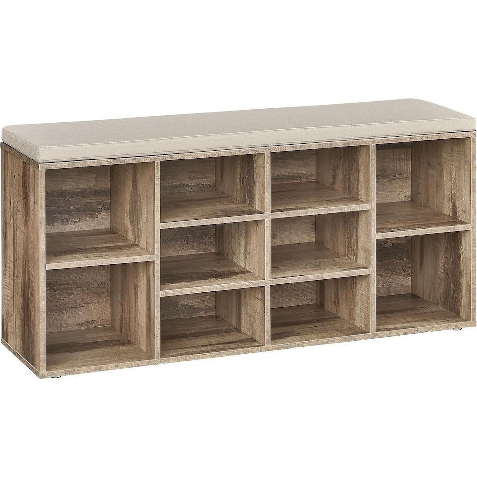 image 1 of Cushioned Shoe Storage Bench with Adjustable Shelves and 10 Compartments, Camel Brown
