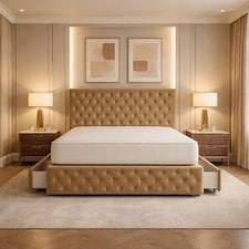 5FT Kingsize Beige Plush Velvet Divan Bed With Headboard & Footboard and Memory Sprung Mattress 4 Drawers