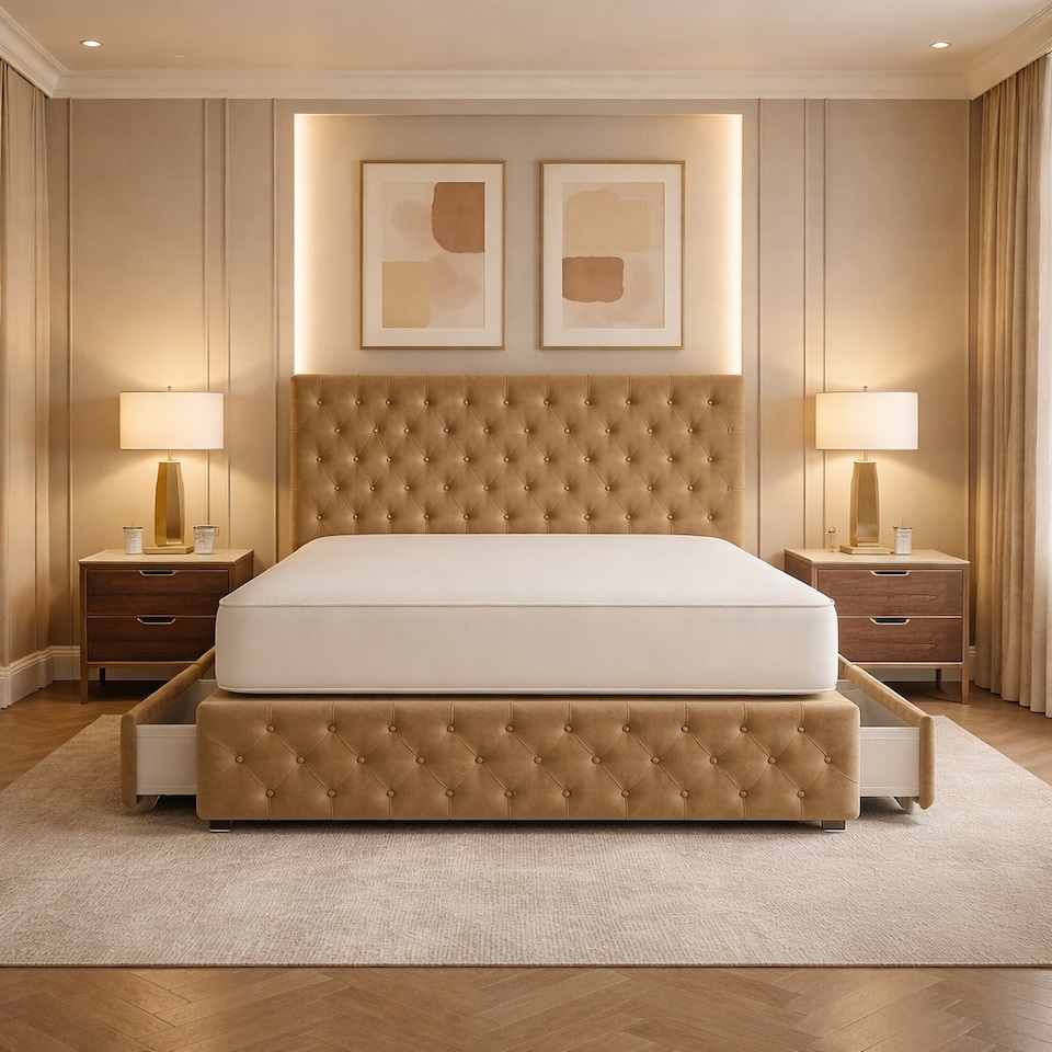 image 1 of 5FT Kingsize Beige Plush Velvet Divan Bed With Headboard & Footboard and Memory Sprung Mattress 4 Drawers