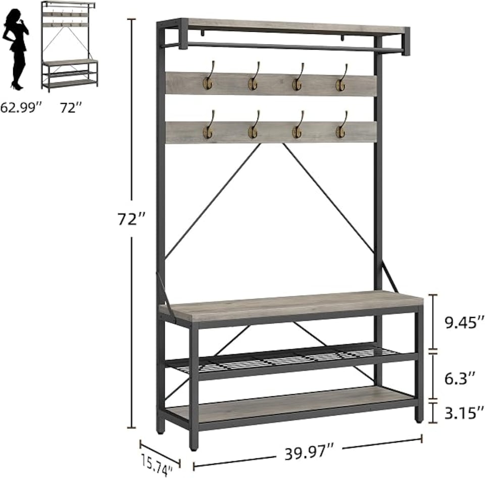 image 1 of London Boutique Hall Tree with Bench & 2-Tier Shoe Rack 102x40x183cm