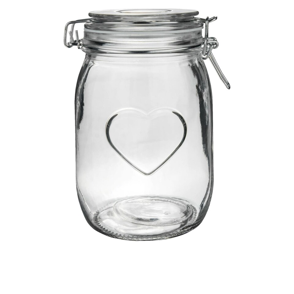 image 1 of Nicola Spring Glass Storage Jar - 1 Litre Airtight Clip Lid Kitchen Vintage Round Preserving Container Heart Shaped Design
