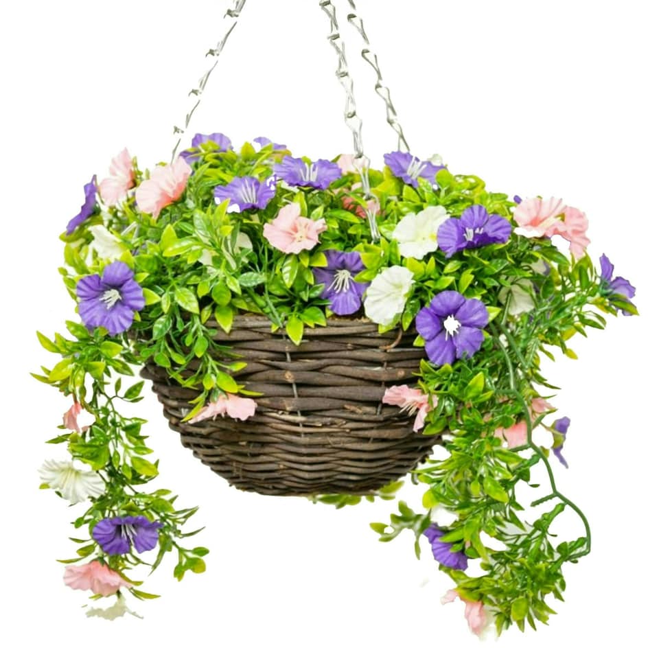 image 1 of Primrose Artificial Petunia Flowers Rattan Hanging Basket Pink Purple White 25cm