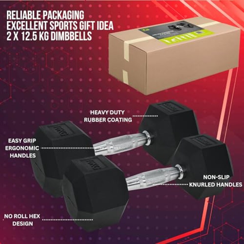 image 1 of Urban Fitness Pro Hex Dumbbell - Rubber Coated (Pair), 25kg, Black