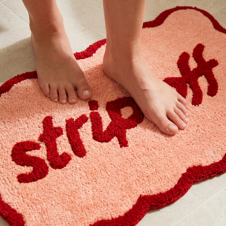 image 1 of Strip Off Slogan Scalloped Bath Mat