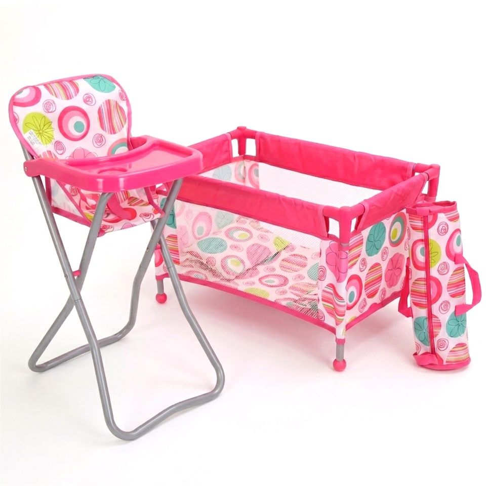 image 1 of BiBi Doll Folding Travel Nursery Set High Chair Cot Bed Pink Doll Accessories for 20 Inch Dolls