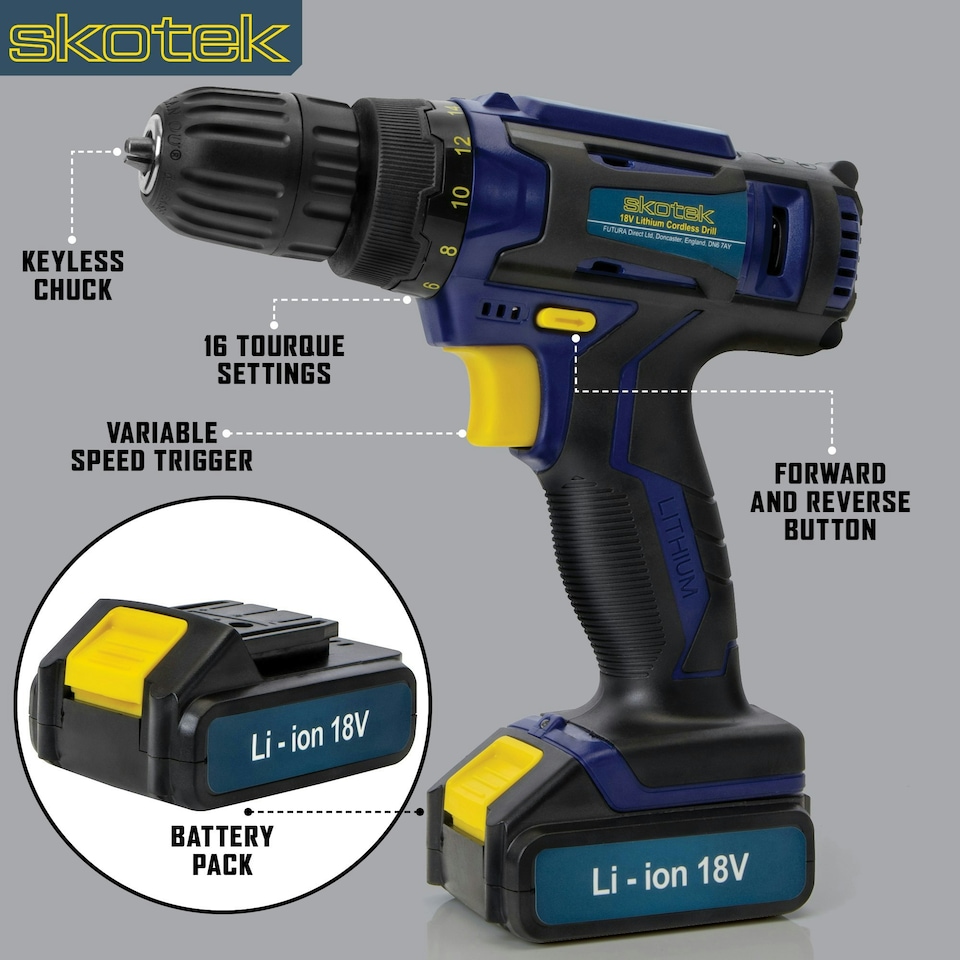 image 1 of Skotek 18V Cordless Drill & 54pc Screwdriver Set (Battery, Charger & Carry Case Included)