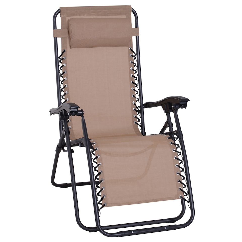 image 1 of Outsunny Zero Gravity Chair Metal Frame Texteline Armchair Outdoor Folding and Reclining Sun Lounger with Head Pillow for Patio Decking Gardens Camping, Beige