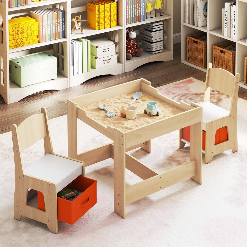 image 1 of COSTWAY Kids Table and Chairs Set Wooden Table Natural