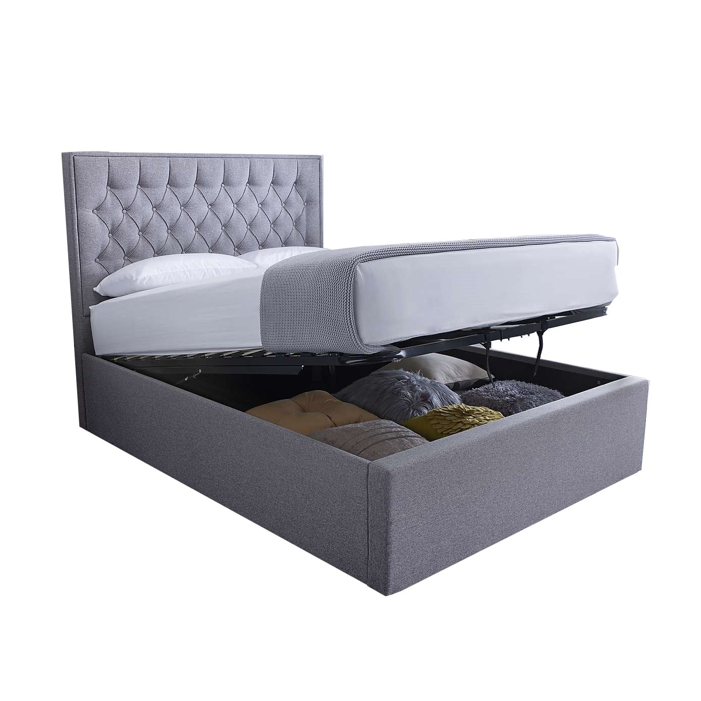 4ft6 Double Grey fabric ottoman upholstered buttoned headboard, lift up storage bed frame, Front end, foot end lift