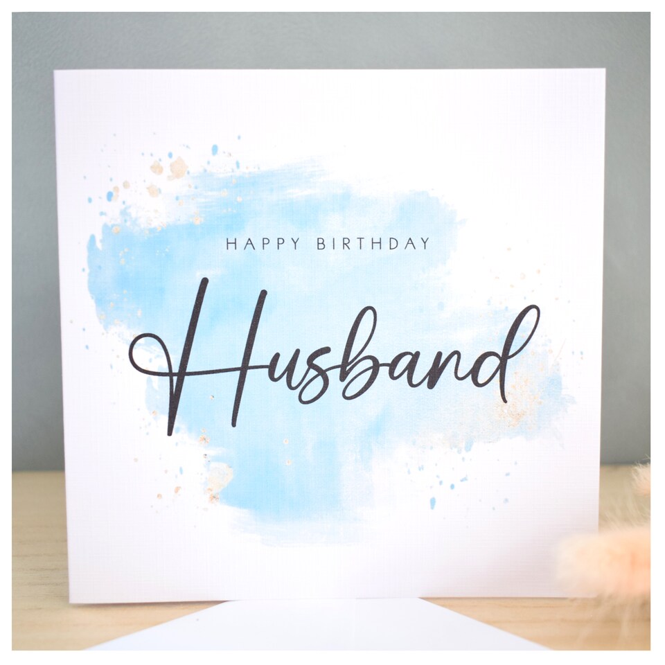 image 1 of Happy Birthday Husband Greeting Card. Minimal Script Watercolour Elegant Luxury